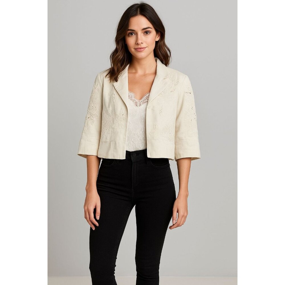Choices Petite Cream Embroidered Linen Jacket Size PS Boho Chic Cropped Blazer